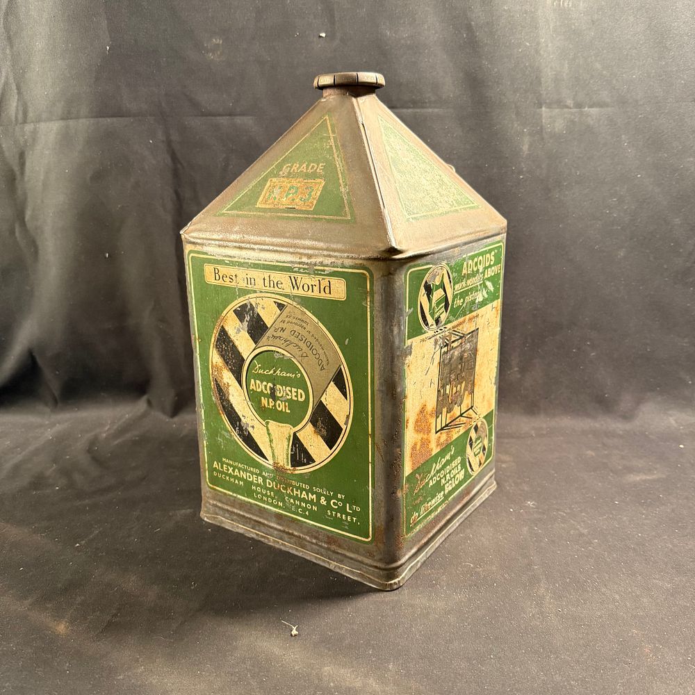 Lot 269: Duckham's Two-Gallon Pyramid-Top Lithographed Tin Oil Can