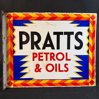 Pratts Petrol and Oils Enamel Sign. Enamel sign for Pratts Petrol and Oils featuring a colourful 