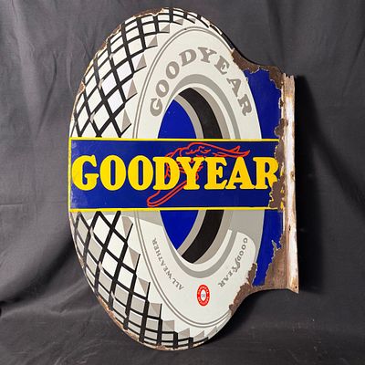 Goodyear All-Weather Tyres Enamel Flange Sign. Porcelain enamel flange sign for Goodyear 