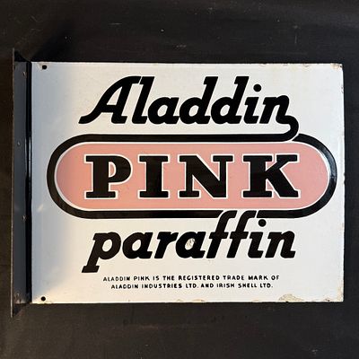 Aladdin Pink Paraffin Double Sided Enamel Flange Sign. Rectangular white enamel double-sided 