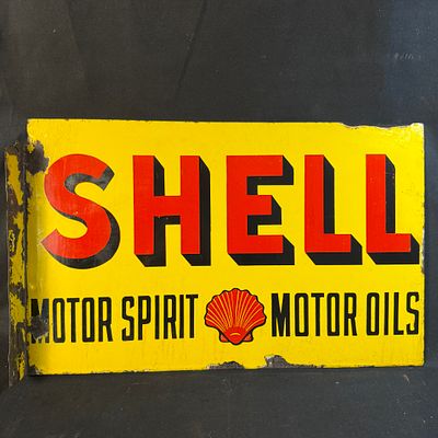 Shell Motor Spirit and Motor Oils Double Sided Enamel Flange Sign. Yellow, red, and black 