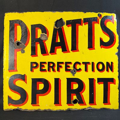 Pratt's Perfection Spirit Enamel Advertising Sign. Rectangular yellow enamel sign for Pratt's 