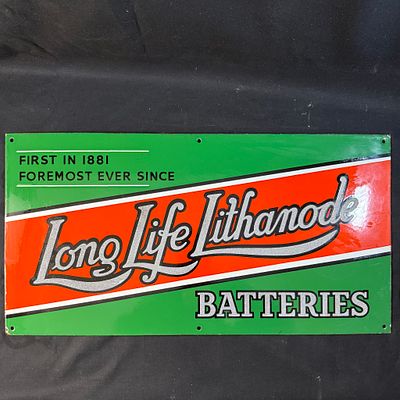 Long Life Lithanode Batteries Metal Advertising Sign. Rectangular metal sign for Long Life 