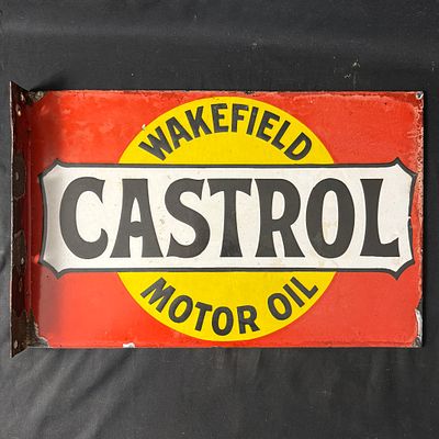 Wakefield Castrol Motor Oil Double Sided Enamel Flange Sign. Double-sided enamel flange sign for 