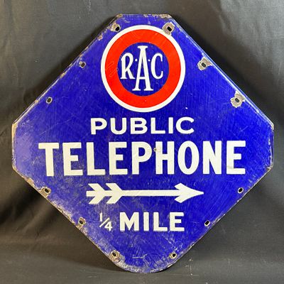 RAC Public Telephone Double Sided Enamel Motoring Sign. Blue and white double-sided enamel sign 