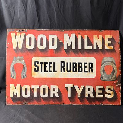 Wood-Milne Motor Tyres Enamel Advertising Sign. Rectangular red, white, and black enamel 