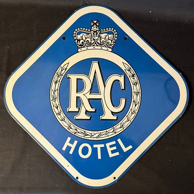 RAC Double Sided Enamel Hotel Sign. Diamond-shaped blue and white enamel double-sided sign 