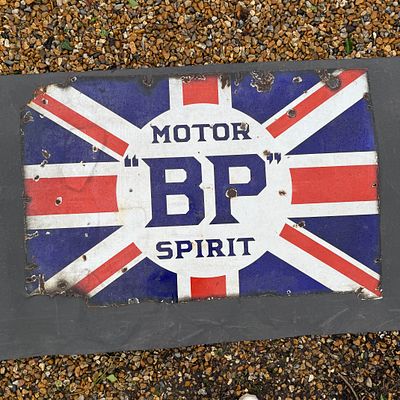 BP Motor Spirit Union Jack Enamel Advertising Sign. Rectangular enamel sign featuring a Union 