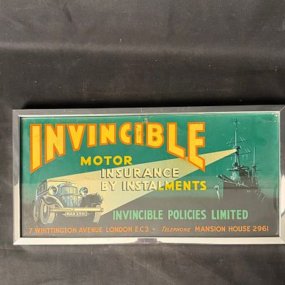 Invincible Policies Limited Motor Insurance Advertising Sign. Rectangular enamel advertising 