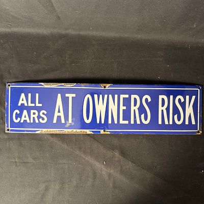 Enamel All Cars At Owners Risk Sign. Rectangular cobalt blue enamel sign with white "ALL CARS AT 