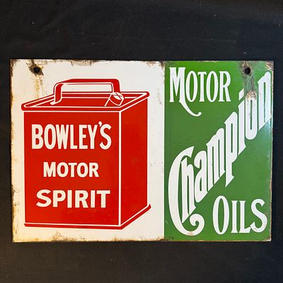 Enamel Bowley's Motor Spirit and Champion Oils Advertising Sign. Rectangular porcelain enamel 