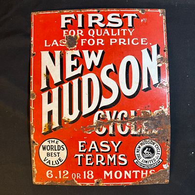 New Hudson Cycles Enamel Advertising Sign. Rectangular porcelain enamel advertising sign for New 