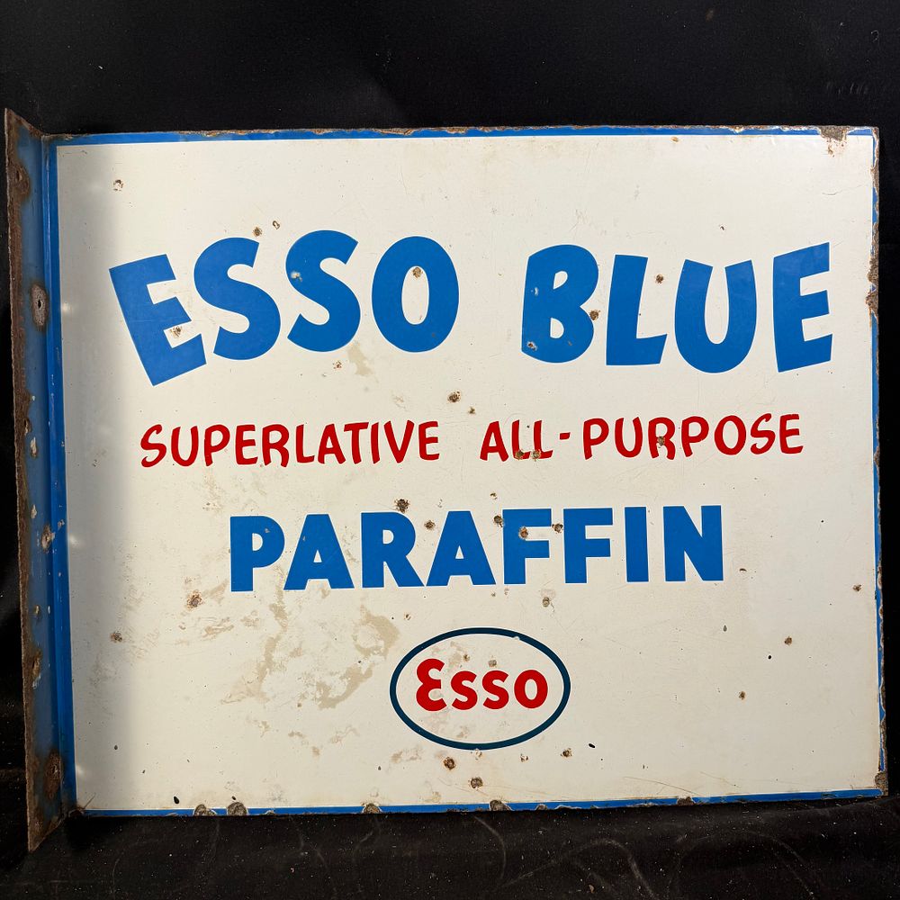 Lot 278: Esso Blue Superlative All-Purpose Paraffin Double-Sided Enamel Flange Sign