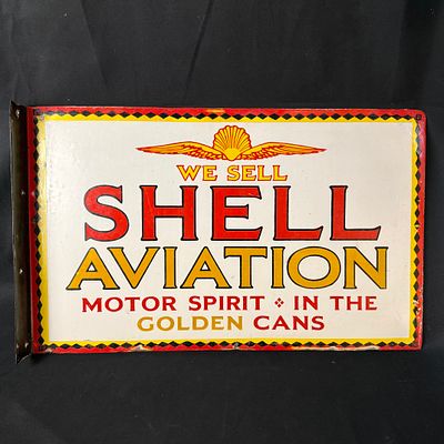 Shell Aviation Motor Spirit Enamel Sign. Double-sided porcelain enamel flange sign for Shell 
