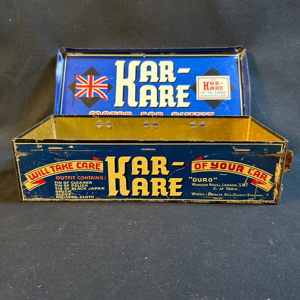 Lot 193: British Kar-Kare Motor Car Outfit Lithographed Metal Tin