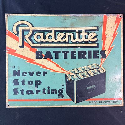 Radenite Batteries Advertising Sign. Rectangular metal sign for Radenite Batteries. Teal 