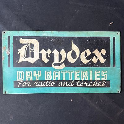 Exide Drydex Batteries Tin Advertising Sign. Rectangular tin sign for Drydex dry batteries. Teal 