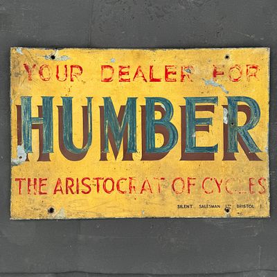Humber Cycles Metal Advertising Sign: The Aristocrat of Cycles. Rectangular yellow metal sign 