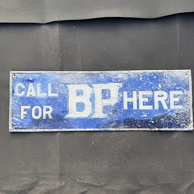 BP Spirit Metal Advertising Sign. Enamel sign with blue ground and white lettering reading "CALL 