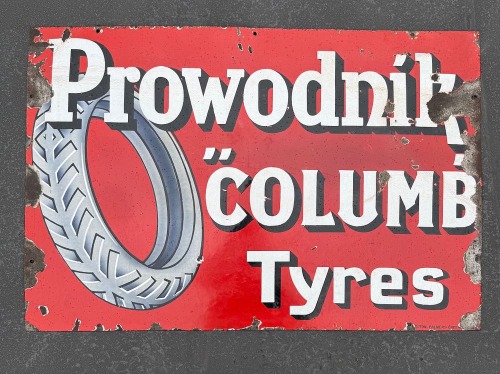 Prowodnik Columb Tyres Enamel Advertising Sign. Prowodnik Columb Tyres enamel sign. Red ground 