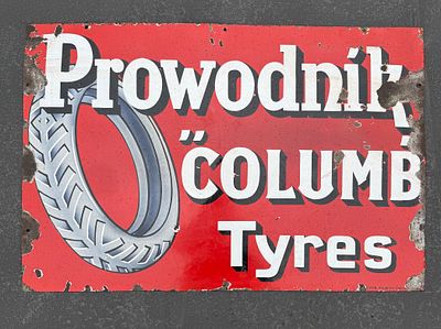 Prowodnik Columb Tyres Enamel Advertising Sign. Prowodnik Columb Tyres enamel sign. Red ground 