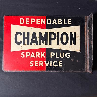 Champion Dependable Spark Plug Service Metal Flange Sign. Double-sided painted metal flange sign 