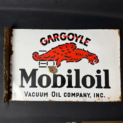 Gargoyle Mobiloil Vacuum Oil Company Enamel Flange Sign. White flanged enamel sign with red 