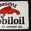 Gargoyle Mobiloil Vacuum Oil Company Enamel Flange Sign. White flanged enamel sign with red Image - 2