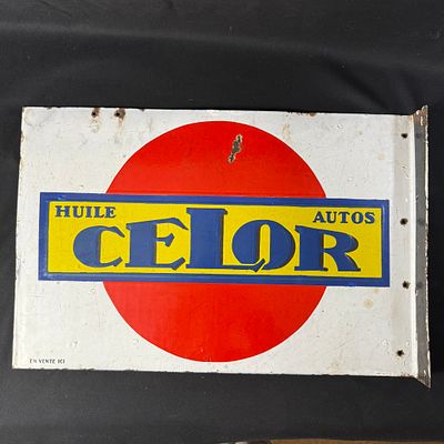 Double Sided Flanged Enamel Huile Celor Autos Sign. Double-sided flanged enamel sign for Huile 