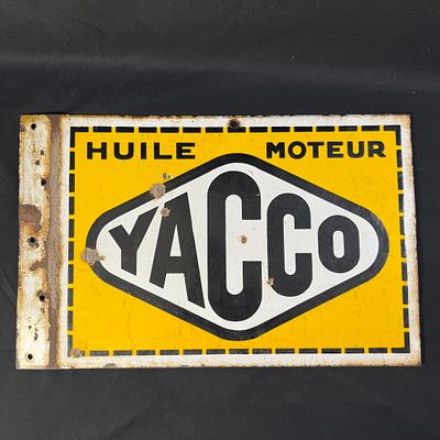 Yacco Huile Moteur Enamel Advertising Sign. Rectangular yellow, black, and white enamel sign for 