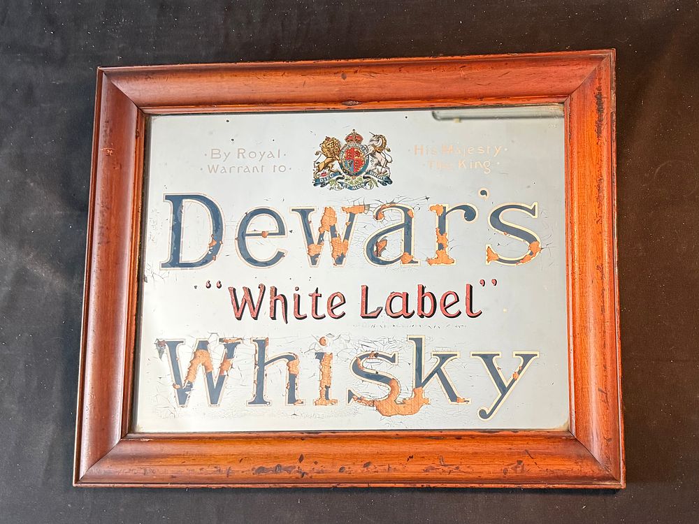 Lot 165: Dewar's White Label Whisky Glass and Wood Pub Mirror