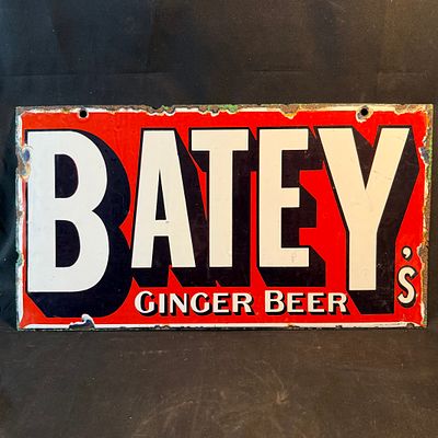 Batey's Enamel Advertising Sign. Vibrant red background with bold white block letters and black 