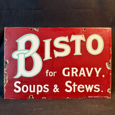 Bisto Enamel Advertising Sign. Deep red field with stylized white lettering outlined in mint 