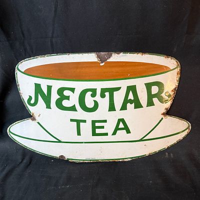 Nectar Tea Die-Cut Enamel Advertising Sign. Die-cut teacup and saucer silhouette. White ground 