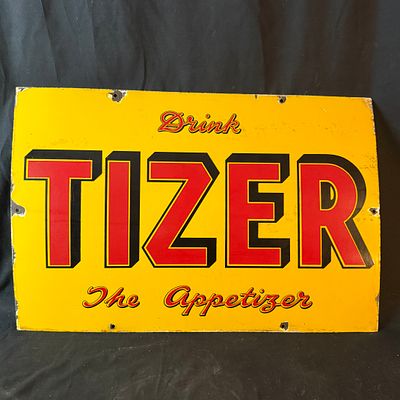Tizer Enamel Advertising Sign. Bright yellow background with bold red block lettering and black 