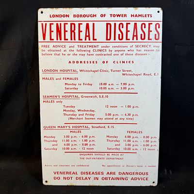 London Borough of Tower Hamlets Enamel Public Health Sign. White field with bold red typography 