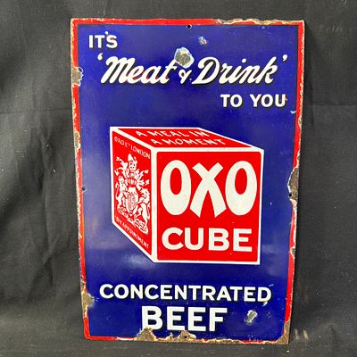 OXO Cube Enamel Advertising Sign. Tri-color blue, red, and white. Features 3D-style OXO cube 