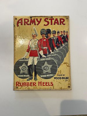 Wood-Milne Army Star Rubber Heels Advertising Showcard. Multi-color illustration of British 