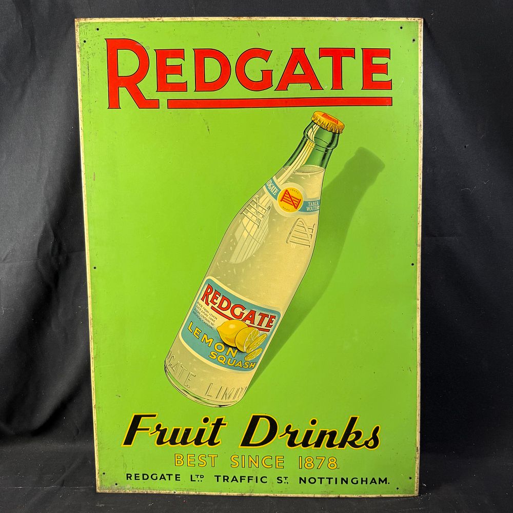 Lot 151: Redgate Fruit Drinks Lemon Squash Lithographed Tin Advertising Sign