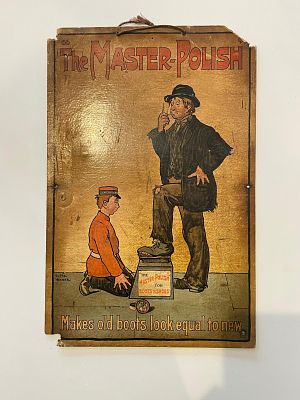 The Master-Polish Advertising Showcard. Humorous illustration of a pageboy and a man. 10 x 15 inches