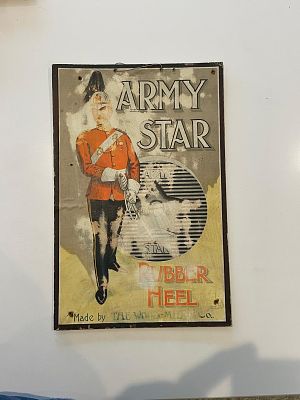 Army Star Rubber Heels Advertising Showcard. Graphic of a Life Guard officer in red tunic. 