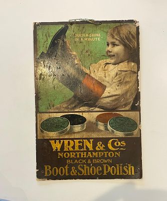 Wren & Co's Boot & Shoe Polish Advertising Showcard. Illustration of a young girl admiring a 