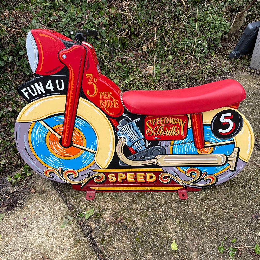 Lot 164: J. Wright Fairground Ride-On Motorcycle in Wood