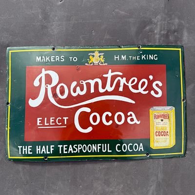 Rowntree's Elect Cocoa Enamel Advertising Sign. Crimson red panel with forest green border and 