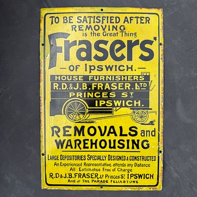 Frasers of Ipswich Enamel Advertising Sign. Yellow and black scheme with graphic of a 