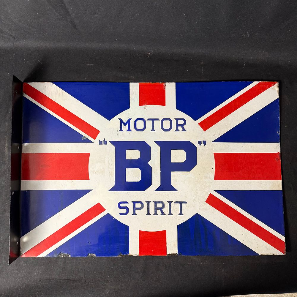 Lot 214: BP Motor Spirit Double Sided Union Jack Enamel Sign