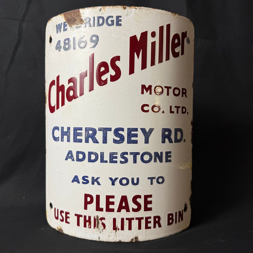 Lot 237: Curved Enamel Litter Bin Advertising Sign for Charles Miller Motor Co. Ltd.