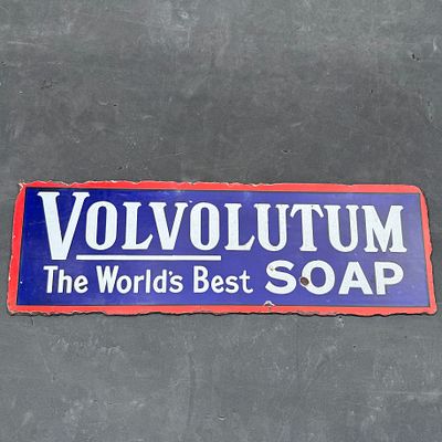 Volvolutum Soap Enamel Advertising Sign. Cobalt blue field with red border. White serif typeface 
