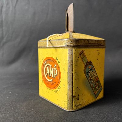Camp Coffee Lithographed Tin Advertising String Holder. Mid-20th century "Camp Coffee" string 