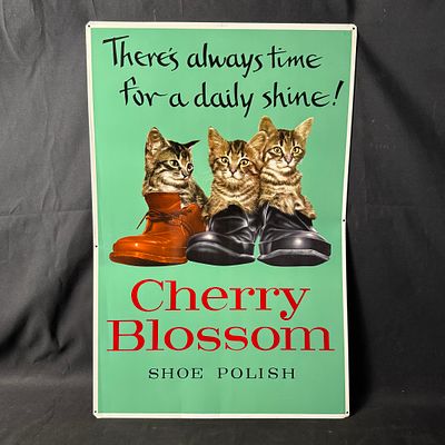 Cherry Blossom Metal Advertising Sign. Vertical painted metal sign for Cherry Blossom Shoe 
